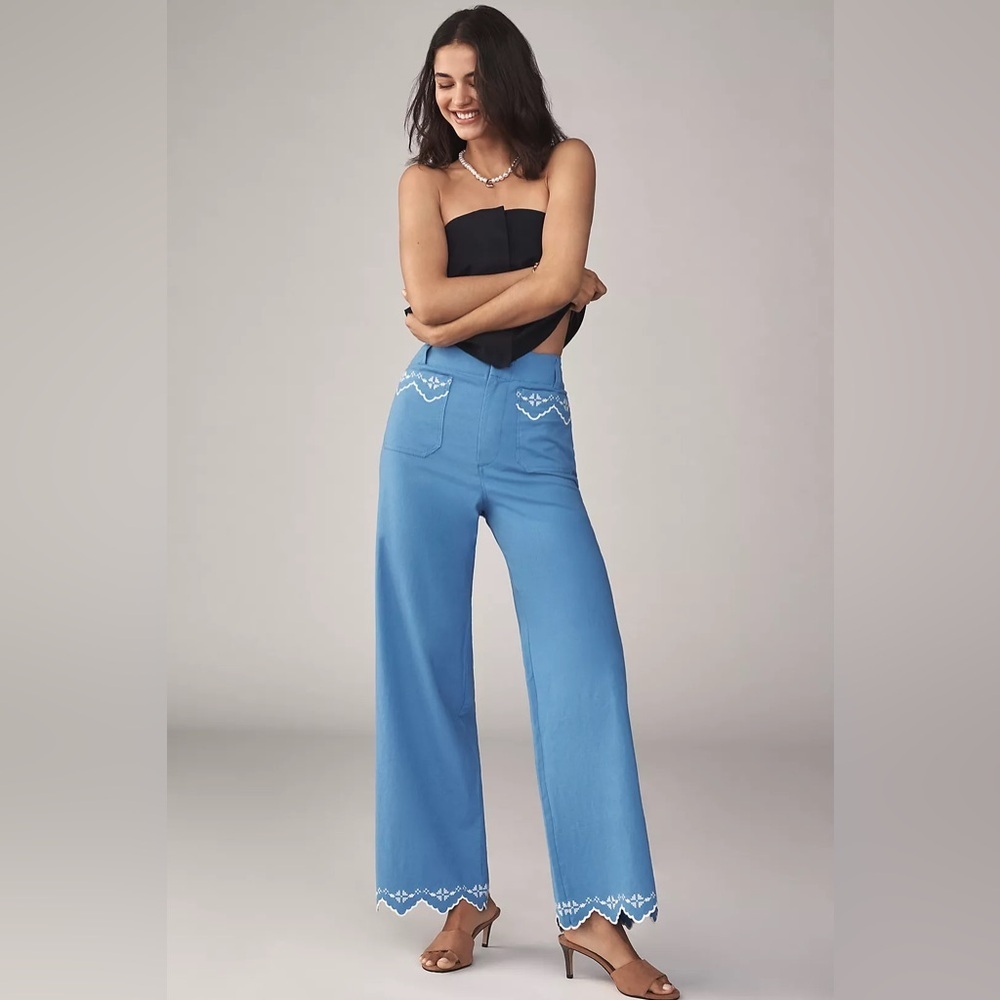 NWT! Anthropologie Blue Colette Lace Trim Full-Length Wide-Leg Pants by Maeve 🪐